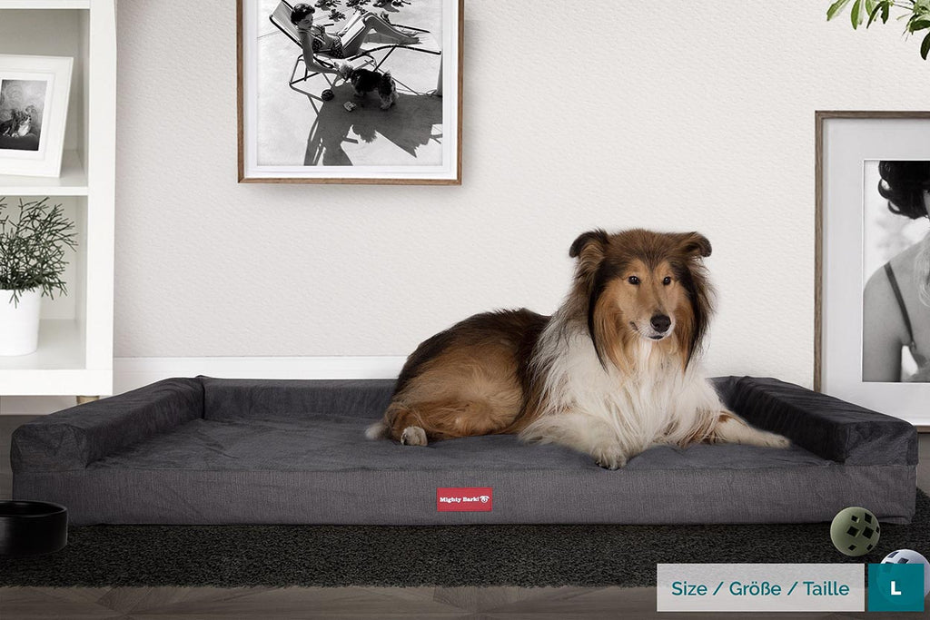 This sofa dog bed features a luxurious high quality fabric outer, innovative Memo-Bounce mattress, 3 sided foam filled bolster, machine washable & removable outer and a stain resistant protective finish. 