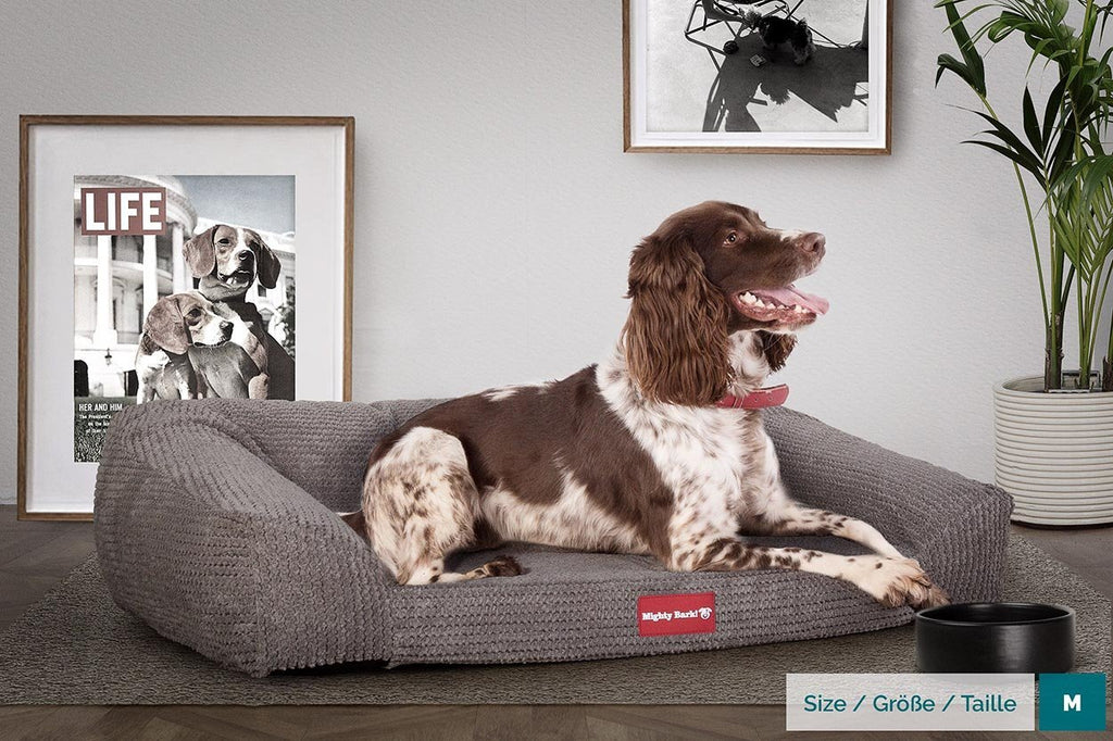 This sofa dog bed features a luxurious high quality fabric outer, innovative Memo-Bounce mattress & bolster, pillow sides with bolster back, machine washable & removable outer and a stain resistant protective treatment. 